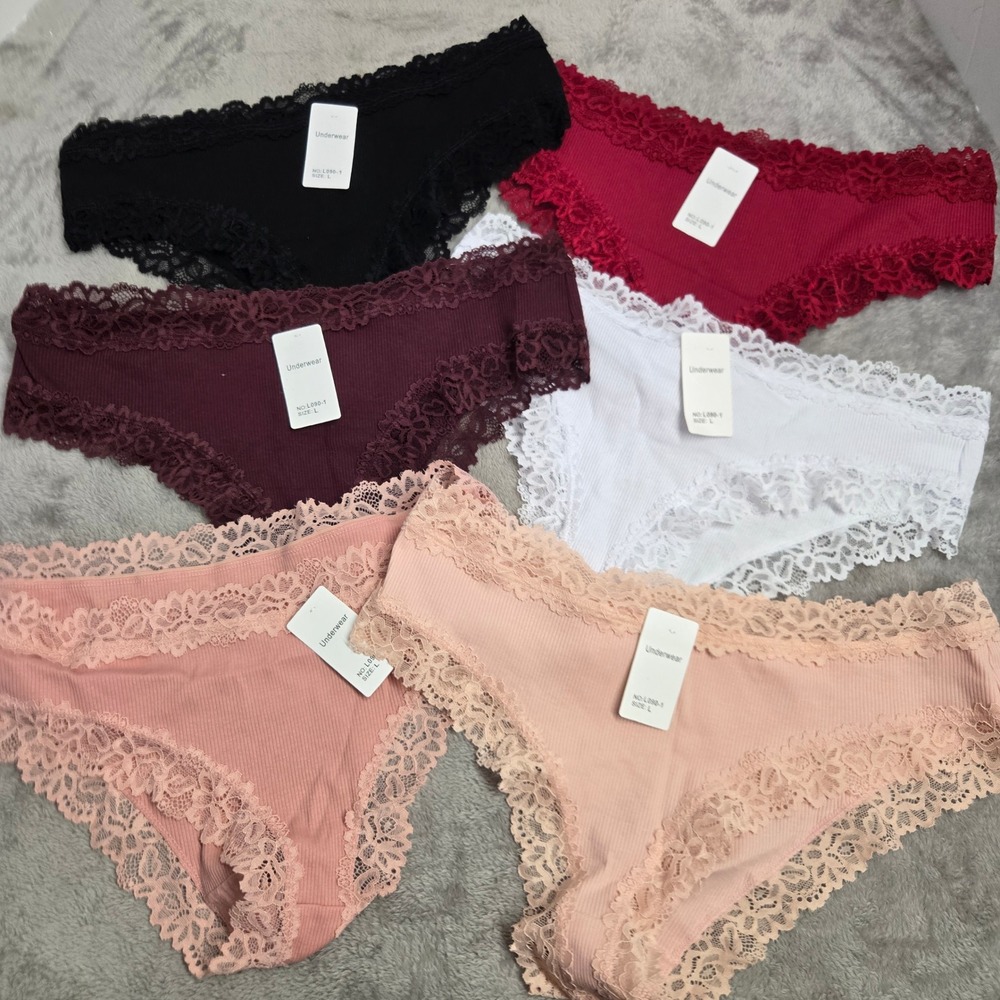 6 Pack Womens Ribbed Lace Trim Panties Low Rise Briefs Assorted Colors L090-1 L